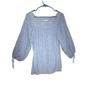 LC Lauren Conrad Blue Floral Blouse‎ Large Womens Square Neck Tie Sleeve